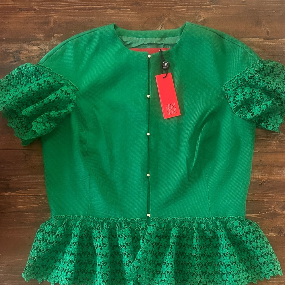 Carolina Herrera Emerald Lace Peplum Blouse